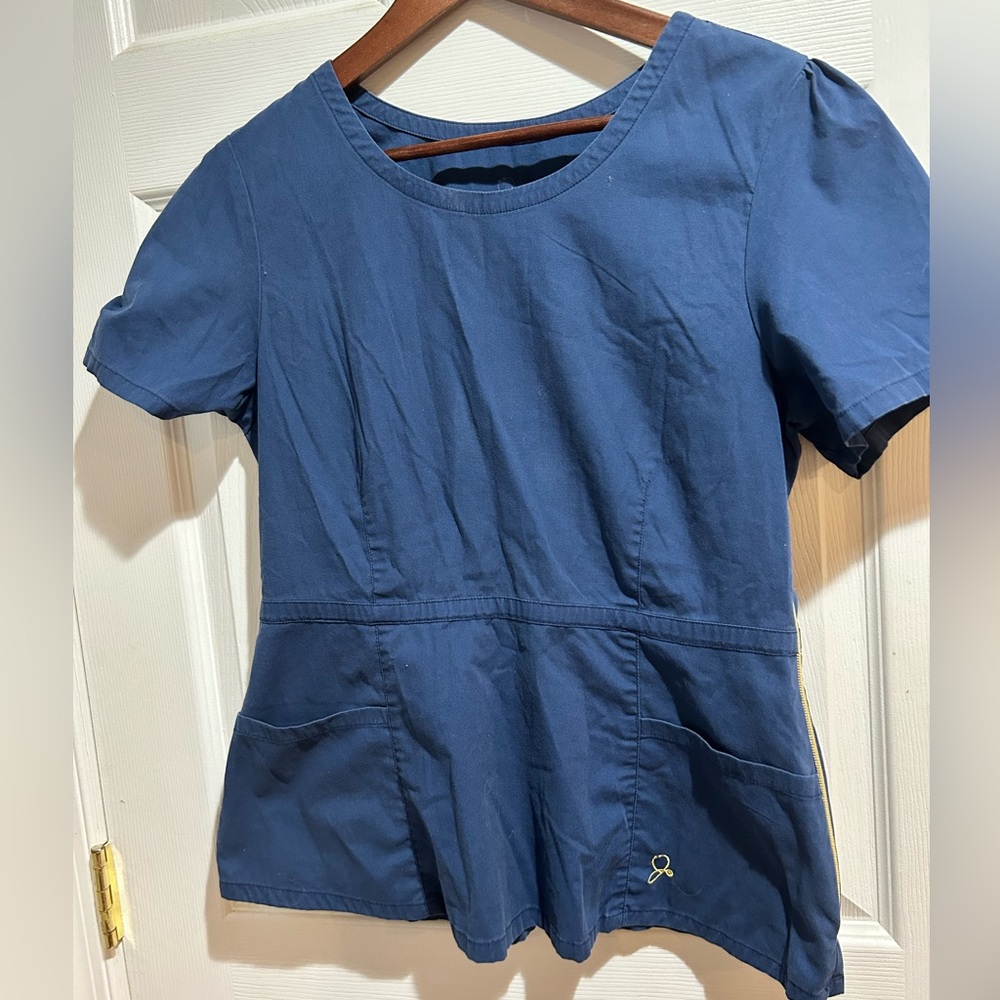 Jaanuu Scrub Top Navy Blue Gold Side Zipper Size M